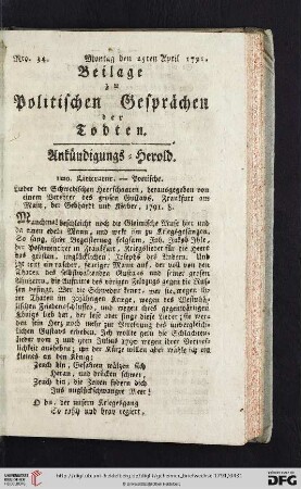 Beilage zu Politischen Gesprächen der Todten. Ankündigungs-Herold. Nro. 34