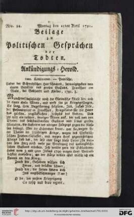 Beilage zu Politischen Gesprächen der Todten. Ankündigungs-Herold. Nro. 34