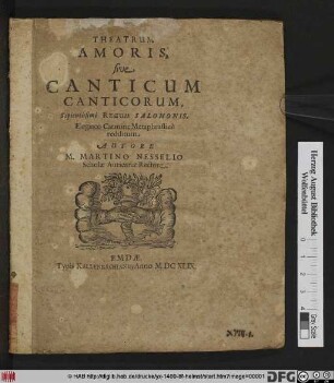 Theatrum Amoris, sive Canticum Canticorum, Sapientissimi Regum Salomonis : Elegiaco Carmine Metaphrastice redditum