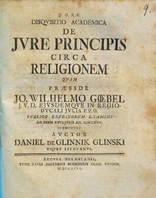 Disqvisitio Academica De Jvre Principis Circa Religionem