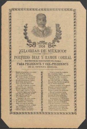 1904 - ¡¡Glorias de México!! : Porfirio Díaz y Ramon Corral ; electos por el voto unanime del pueblo para presidente y vice-presidente de la Republica Mexicana