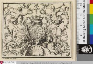 [Ornamentstich mit Putti, Wappen, Krone und Rüstung]