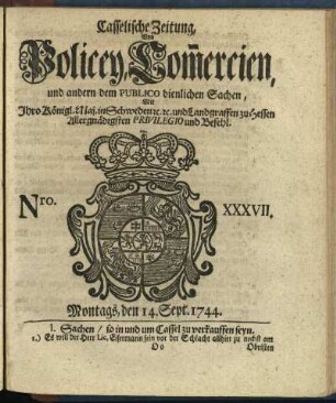 Nro. XXXVII, Montags, den 14. Sept. 1744