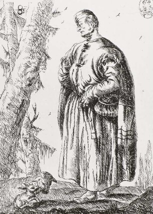 Männliche Figur mit Schaf und Hasen