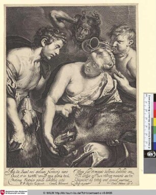 [Meleager übergibt Atalante den Kopf des Kalydonischen Ebers; Meleager bringing the head of the Calydonian wild boar to Atalanta]