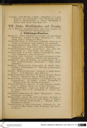 VII. Klubs, Gesellschaften und Vereine.