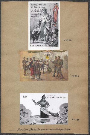 Münchner Postkarten aus der ersten Kriegszeit 1914: 1914, Germania, kehre aus, Und schmeiß die Bande raus !, unsign.