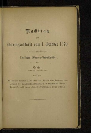 Nachtrag zum Verinszolltarif vom 1. October 1870