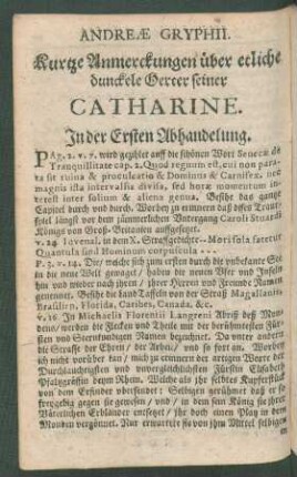 Andreae Gryphii. Kurtze Anmerckungen über etliche dunckele Oerter seiner Catharine.