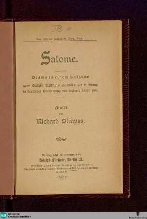 Salome : Drama in einem Aufzuge nach Oskar Wilde's gleichnamiger Dichtung