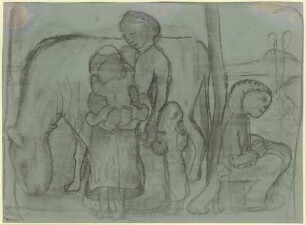 Figurengruppe vor Kuh in Landschaft