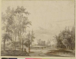Baumreiche Landschaft, in der Mitte mehrere Figuren