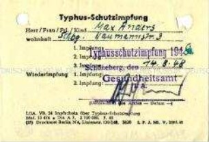 Bescheinigung über eine Typhus-Schutzimpfung