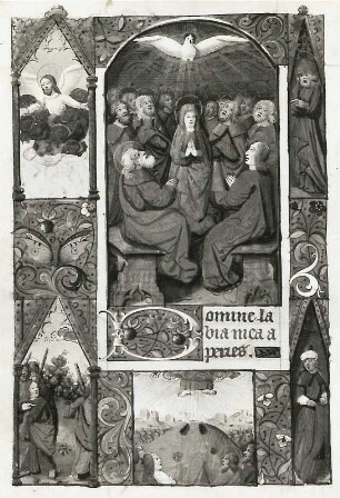 Das Pfingstwunder und Himmelfahrt : Das Pfingstwunder und Himmelfahrt (Illumination eines Stundenbuches) (1401/1500). Gotha: Forschungsbibliothek Memb. II 176 fol. 165 v