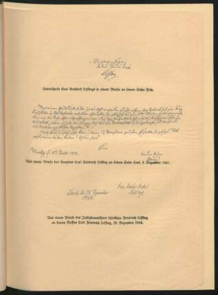 Unterschrift Karl Gotthelf Lessings in einem Briefe an seinen Sohn Fritz. Aus einem Briefe des Kanzlers Carl Friedrich Lessing an seinen Sohn Carl, 8. Dezember 1841. Aus einem Briefe des Justizkommissars Christian Friedrich Lessing an seinen Neffen Carl Friedrich Lessing, 28. Dezember 1844