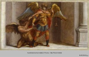 Pala Vallombrosana : Erzengel Michael und Johannes Gualbertus bei der Feuerprobe des seligen Petrus Igneus
