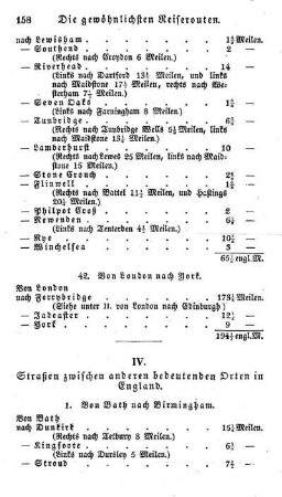 IV.Straßen zwischen anderen bedeutenden Orten in England