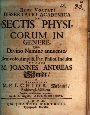 Dissertatio academica de sectis physicorum in genere