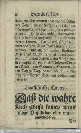 Das Fünffte Capitel. Das die wahre Kirch Christi kaines wegs möge Unsichtbar oder unerkandtlich seyn