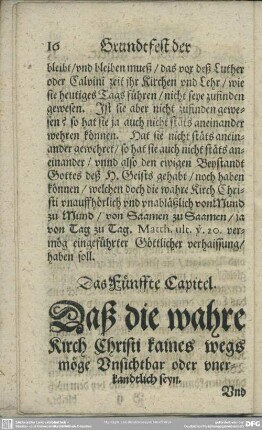 Das Fünffte Capitel. Das die wahre Kirch Christi kaines wegs möge Unsichtbar oder unerkandtlich seyn