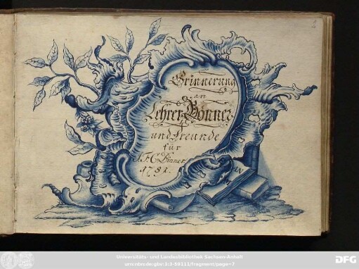 Erinnerung an Lehrer Goenner und Freunde für I.F.C. Binner. 1782 : Stammbuch I.F.C. Binner