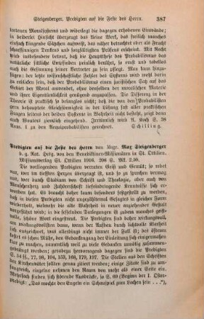 387-388 [Rezension] Steigenberger, Max, Predigten auf die Feste des Herrn