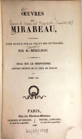 Oeuvres De Mirabeau, Tome 8.. Essai sur le despotisme