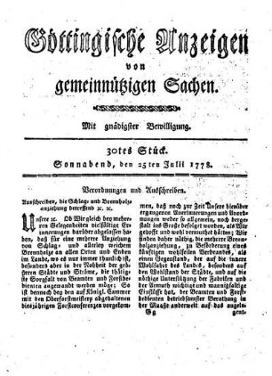 30tes Stück. Sonnabend, den 25ten Julii 1778.