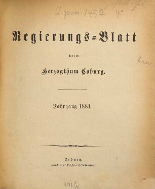 Regierungs-Blatt für das Herzogtum Coburg. 1881
