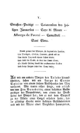 V. - Straßenpredigt - Catacomben des heiligen Januarius - Capo di Monte - Albergo de'Poveri - Camaldoli - Sant Elmo -