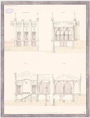 Erbauung der Neubrunn-Colonnade, Karlsbad: Ansicht vom Mühlbrunnen, 3 Schnitte