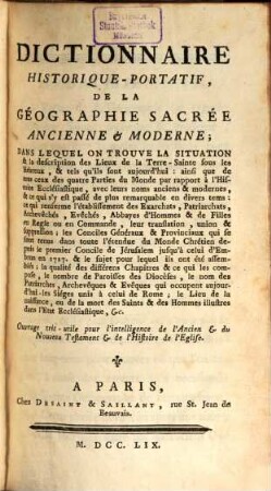 Dictionnaire historique-portatif de la Geographie sacrée ancienne et moderne