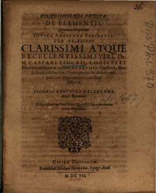 Disquisitiones Physicae De Elementis