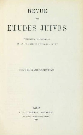 tome 62e: Revue des études juives