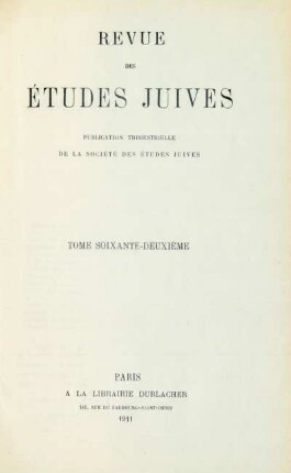 tome 62e: Revue des études juives