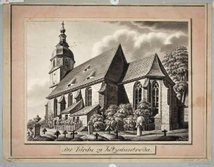Die alte Kirche in Kötzschenbroda (Radebeul) mit barocker Turmhaube und Kirchhof von Südosten gesehen