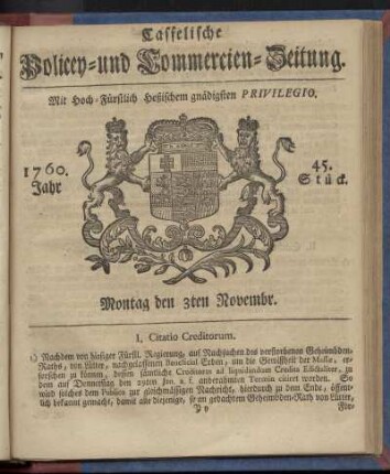 45. Stueck, Montag den 3ten Novembr. 1760