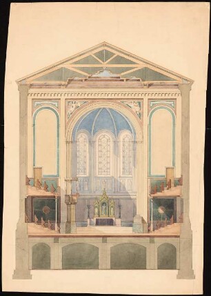 Kirche mit 1004 Plätzen, Hamburg-Altona. Vermutlich St. Johanniskirche, Hamburg-Altona: Querschnitt mit Blick auf den Chor