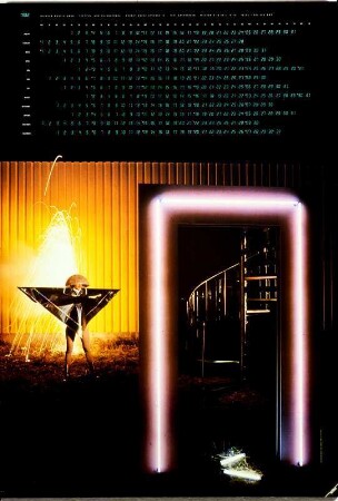 Frau mit abstraktem Kostüm und Feuerwerk, Reproduktion Plakat / Kalender 1982 für Müssig AG