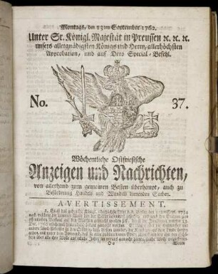 No. 37. Montags, den 13ten September 1762.