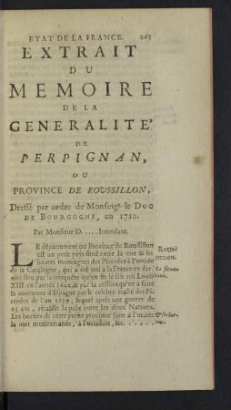 Extrait du Memoire de la Generalité de Perpignan, ou Province de Roussillon