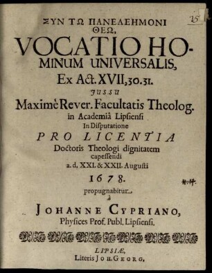 Vocatio hominum universalis : ex Act. XVII, 30. 31