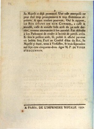 Arrest du Conseil d'État du Roi, du 3 Septembre 1752 : extrait des registres du Conseil d'État ; ["Le Roi ayant, par son arrêt du 27 août dernier ..."]