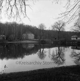 Lasbek-Gut: Mühlenteich: im Hintergrund Lasbeker Mühle nach Gebäudeabriss: oben Baumäste: Spiegelung im Wasser