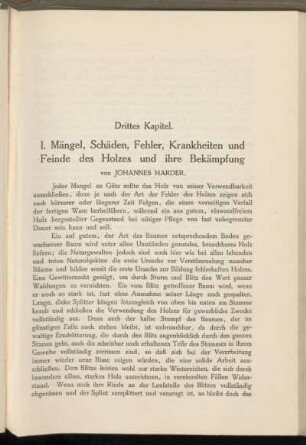 I. Mängel, Schäden, Fehler, Krankheiten und Feinde des Holzes und ihre Bekämpfung.