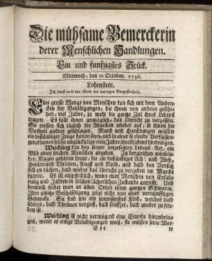 Ein und funfzigstes Stück. Mittwoch, den 31. October 1736.