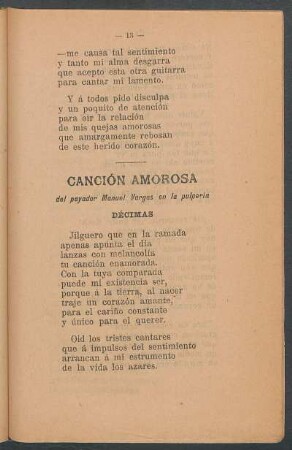 Canción amorosa del payador Manuel Vargas en la pulpería : Décimas
