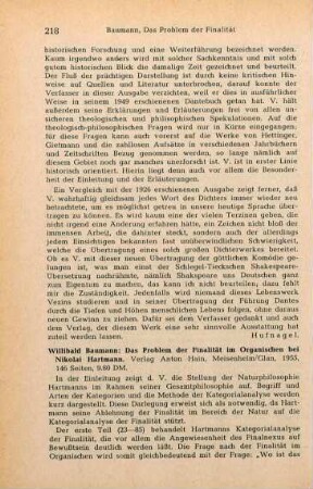218-219 [Rezension] Baumann, Willibald, Das Problem der Finalität im Organischen bei Nicolai Hartmann