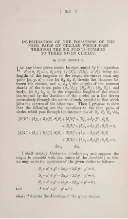 Investigation of the equations of the four pairs of circles which pass through the six points common to three given circles.