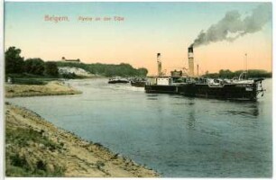 Belgern. Blick auf die Elbe mit Schleppzug
